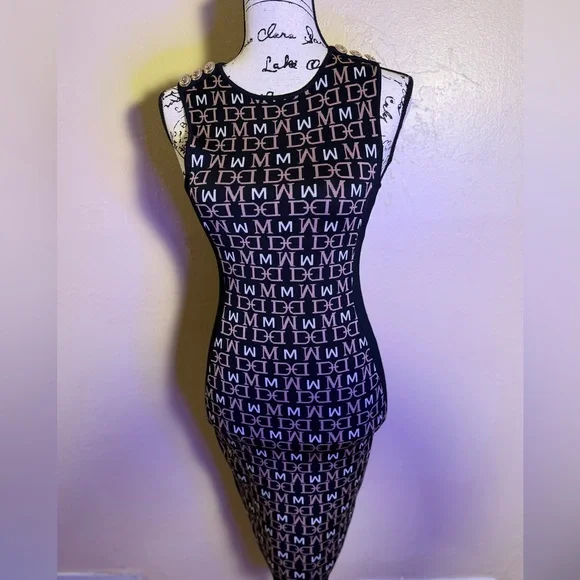 Guess by Marciano Black and Cream Logo Midi Bodycon Dress - Picture 1 of 5